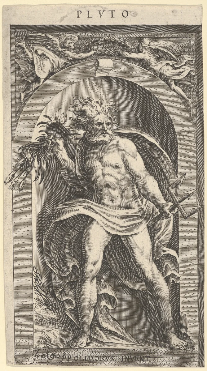 Neptune standing in a niche holding a trident in his left hand, foliage in his right by Cherubino Alberti, print, 1570-1615