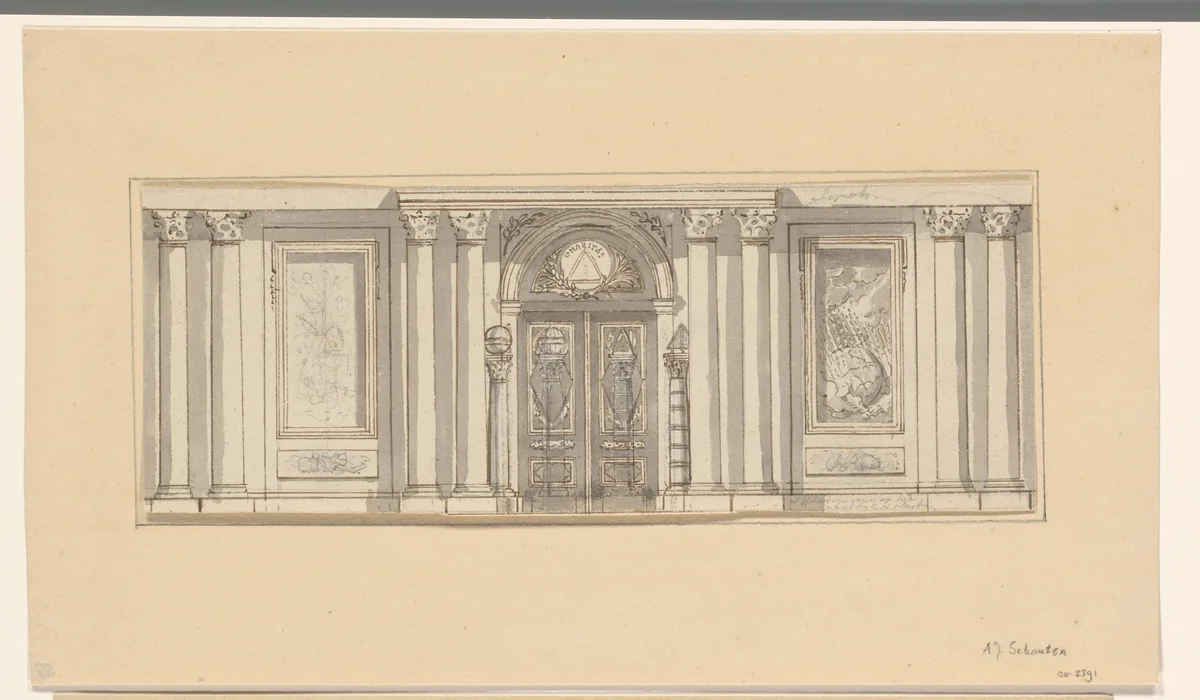 Ontwerp voor een wanddecoratie met symbolen van Caritas (deugd) by A.J. Schouten, drawing, 1775-1849