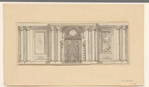 Ontwerp voor een wanddecoratie met symbolen van Caritas (deugd) by A.J. Schouten, drawing, 1775-1849