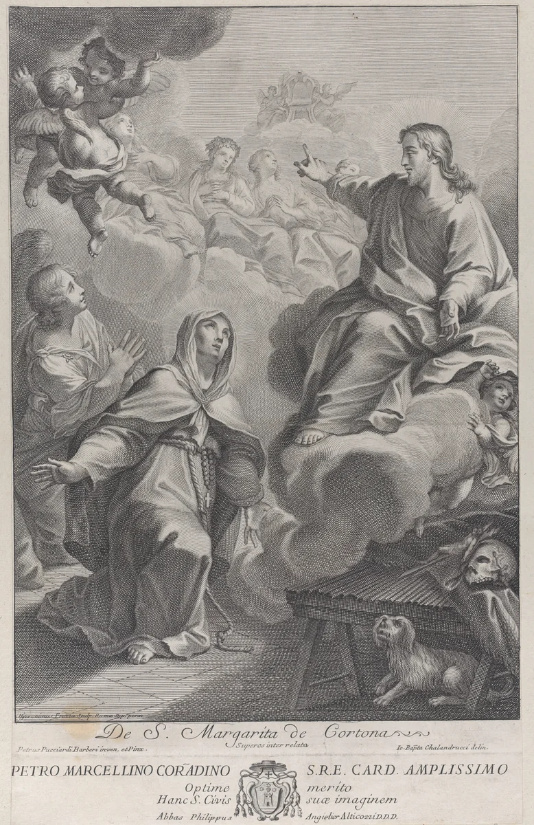 Saint Margarita of Cortona, kneeling before Christ, after Pietro Andrea Pucciardi Barberi by Giovanni Girolamo Frezza, print, 1697-1741