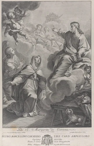 Saint Margarita of Cortona, kneeling before Christ, after Pietro Andrea Pucciardi Barberi by Giovanni Girolamo Frezza, print, 1697-1741