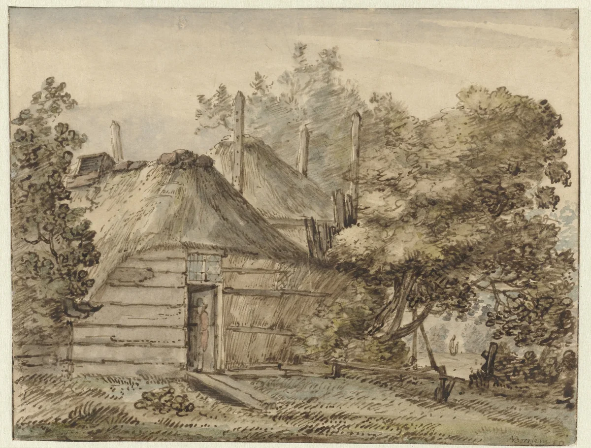 Boerderij en een hooiberg tussen bomen by Anthonie van Borssom, drawing, 1640-1677