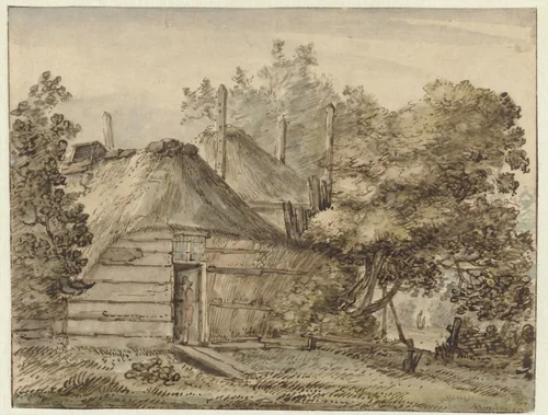 Boerderij en een hooiberg tussen bomen by Anthonie van Borssom, drawing, 1640-1677