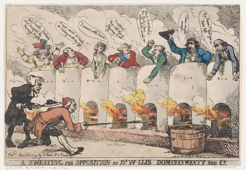 A Sweating for Opposition by Dr. W-llis Dominisweaty and Co. by Thomas Rowlandson, print, 1789