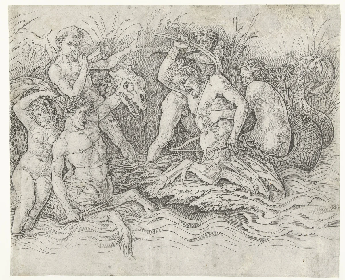 Gevecht tussen tritons met nereïden op hun rug by Andrea Mantegna, print, 1473-1477