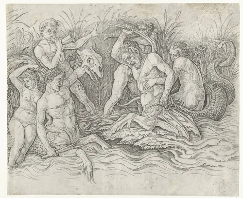 Gevecht tussen tritons met nereïden op hun rug by Andrea Mantegna, print, 1473-1477