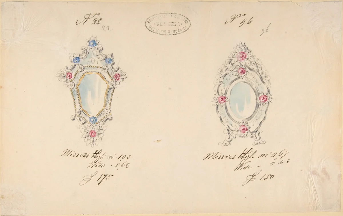 One of Twenty-Three Sheets of Drawings of Glassware (Mirrors, Chandeliers, Goblets, etc.) by Compagnia di Venezia e Murano, drawing, 1850-1880