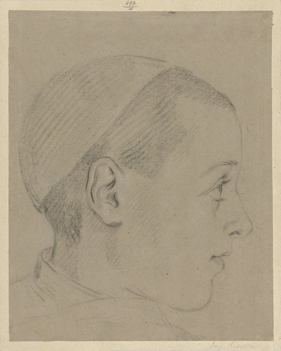 Hoofd van jongen met een kapje op, en profil naar rechts by Ludovico Carracci, drawing, 1604