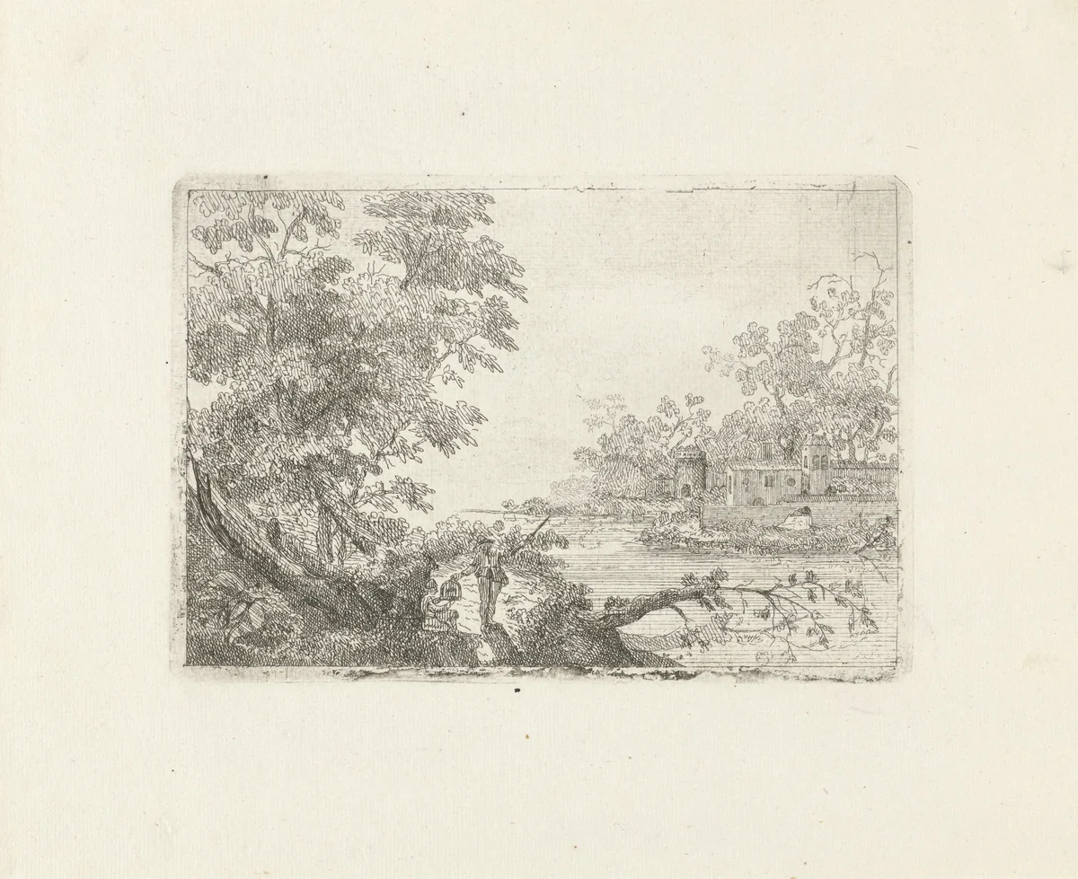 Riviergezicht met twee figuren aan de oever by Pieter Langendijk, print, 1693-1756