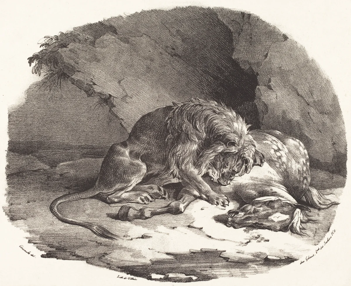 Horse Devoured by a Lion (Cheval devore par un lion) by Théodore Gericault, print, 1823