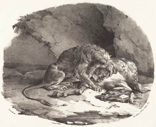 Horse Devoured by a Lion (Cheval devore par un lion) by Théodore Gericault, print, 1823