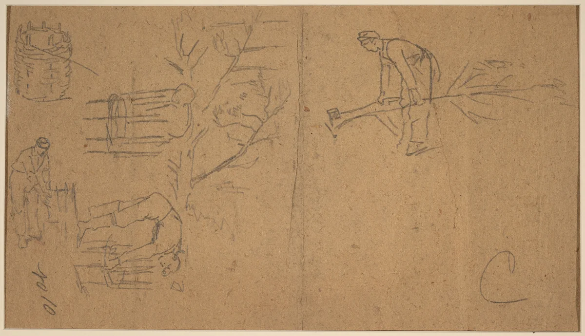 Soldiers felling sapling, and weaving saplings into baskets [verso] by Winslow Homer, drawing, 1862