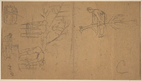 Soldiers felling sapling, and weaving saplings into baskets [verso] by Winslow Homer, drawing, 1862