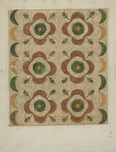 Applique and Quilted Coverlet by Manuel G. Runyan, index of american design, 1935-1942