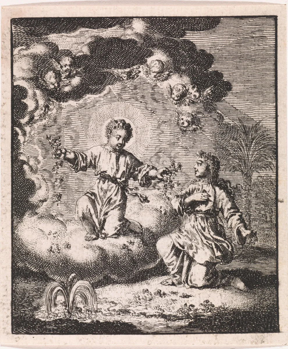 Gepersonifieerde ziel ontmoet Christus by Jan Luyken, print, 1714
