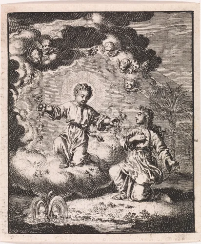 Gepersonifieerde ziel ontmoet Christus by Jan Luyken, print, 1714
