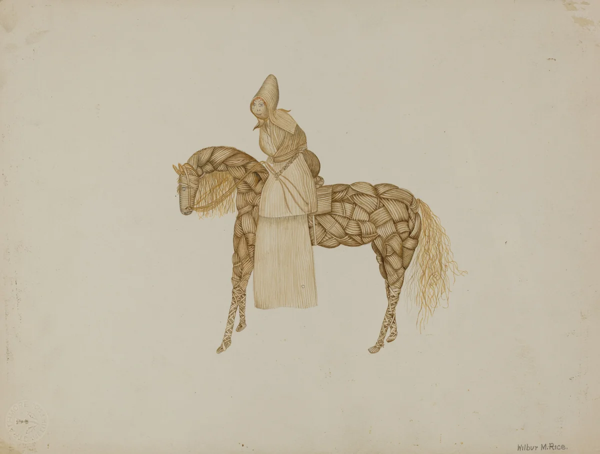 Corn Husk Doll on Horse by Wilbur M Rice, index of american design, 1935-1942
