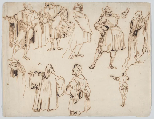 Nine Figures in Medieval Dress by Eugène Delacroix, drawing, 1819-1829