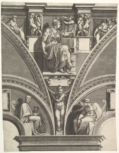 The Eritrean Sibyl; from the series of Prophets and Sibyls in the Sistine Chapel by Giorgio Ghisi, print, 1570-1575