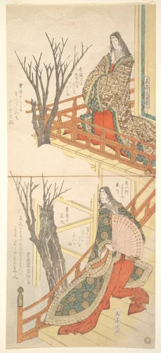 Two Court Ladies Admire the Cherry Trees by Yashima Gakutei (八島岳亭), print, 1810-1830