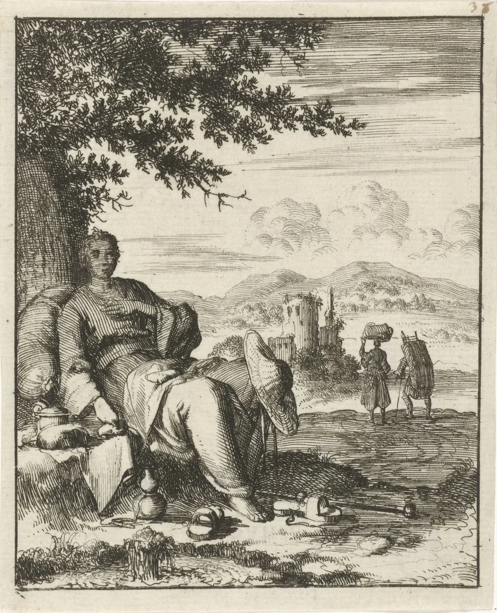 Vrouw zittend in de schaduw onder een boom by Jan Luyken, print, 1687