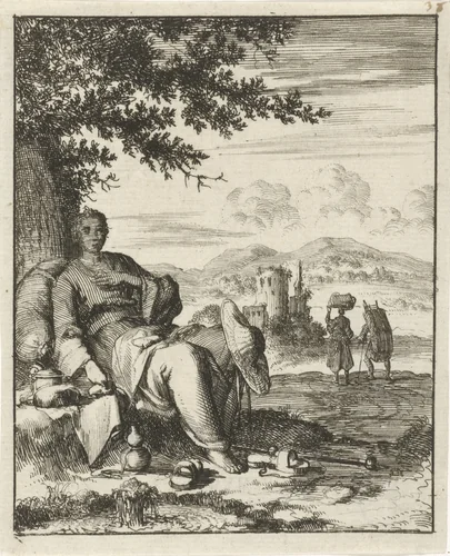 Vrouw zittend in de schaduw onder een boom by Jan Luyken, print, 1687