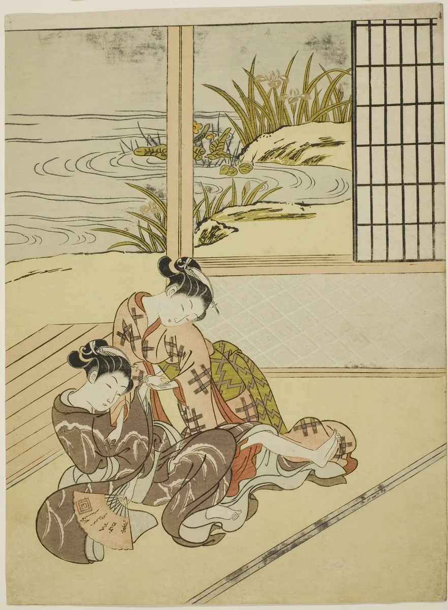 Two Women Strugging for a Fan by Suzuki Harunobu (鈴木春信), print, 1762-1770