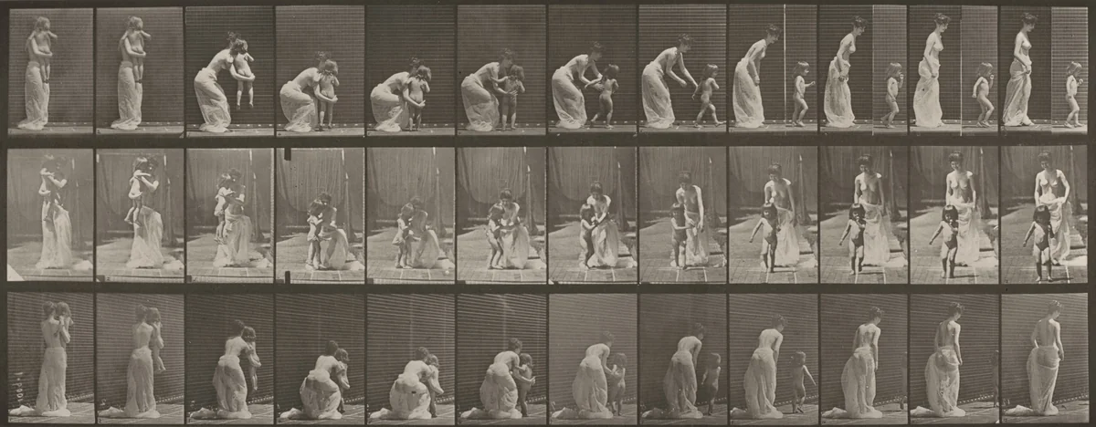 Plate Number 215. Placing a child on the ground; the child running off by Eadweard Muybridge, photograph, 1887