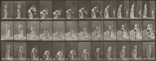 Plate Number 215. Placing a child on the ground; the child running off by Eadweard Muybridge, photograph, 1887