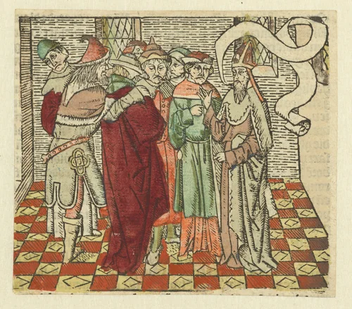 De samenzwering van Kajafas en de priesters tegen Christus by Unknown, print, 1483-1486