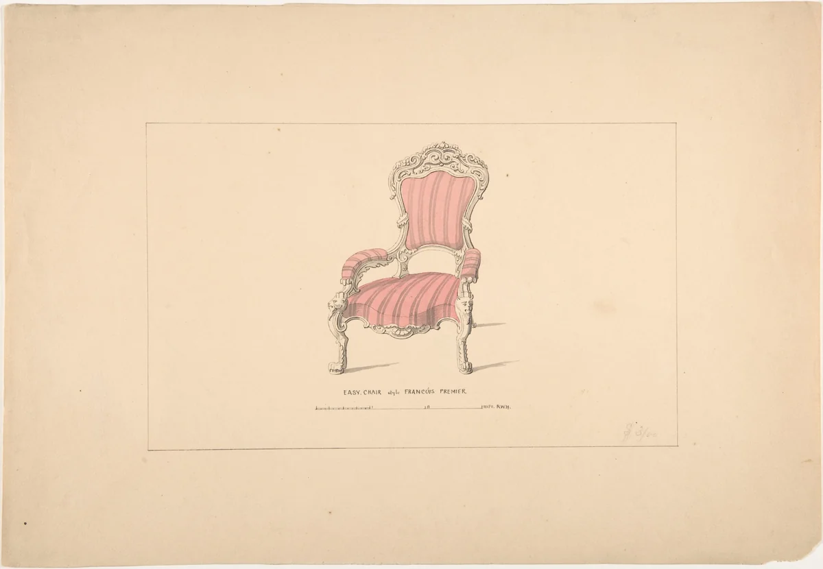 Design for Easy Chair, François Premier Style by Robert William Hume, drawing, 1835-1900