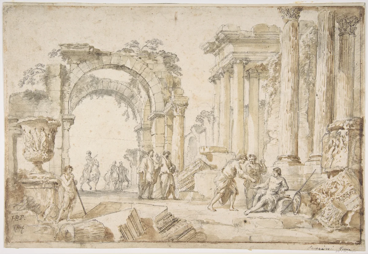 Figures in Classical Ruins by Giovanni Paolo Panini, drawing, 1691-1765