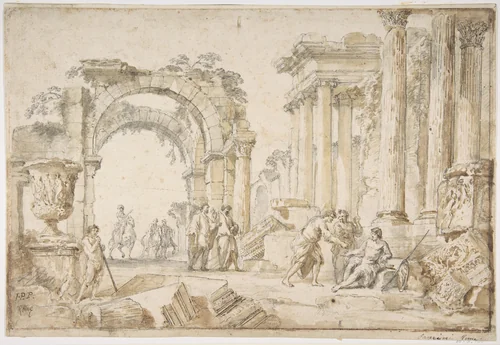 Figures in Classical Ruins by Giovanni Paolo Panini, drawing, 1691-1765