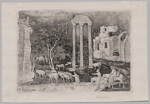 Pastoral Landscape with Ruins and a Ford by Gerhardt Janssen, print, 1722