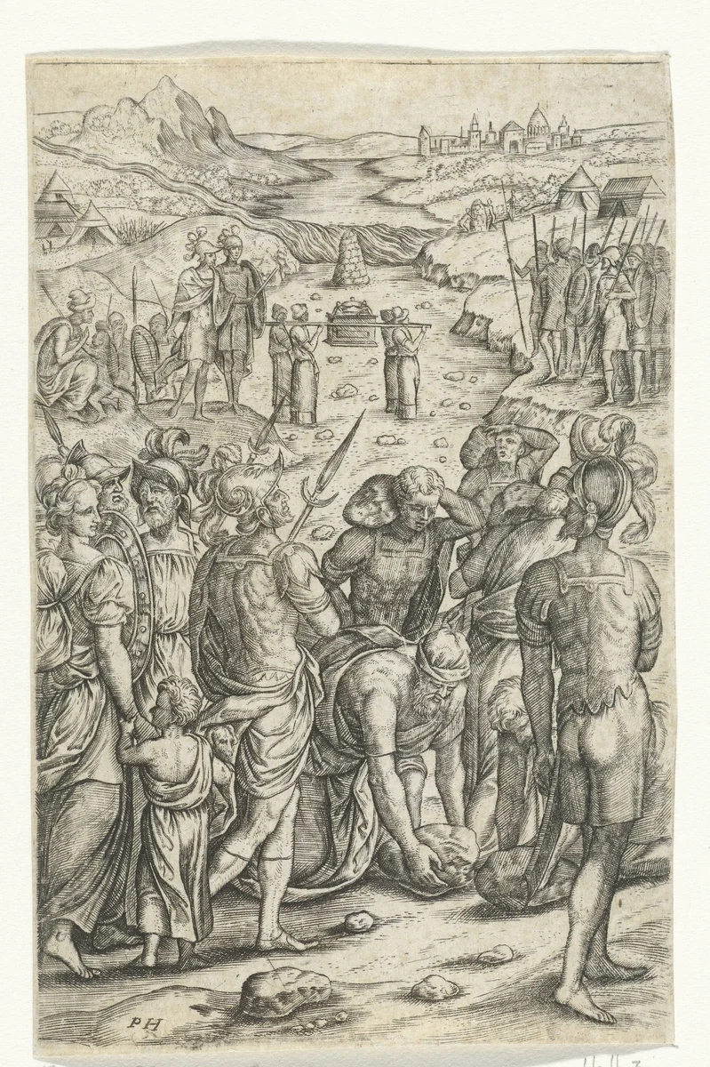 Israelieten trekken over de Jordaan by Unknown, print, 1571