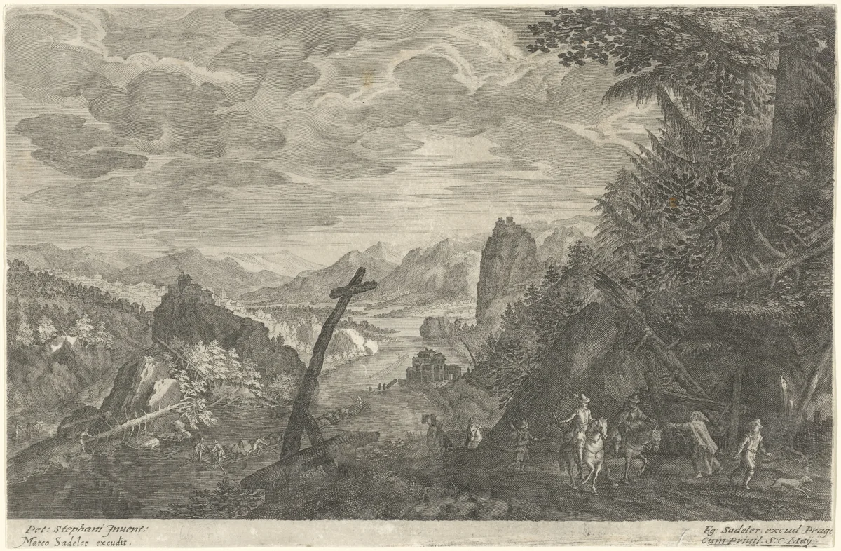 Landweg naast een rivier by Aegidius Sadeler, print, 1597-1629