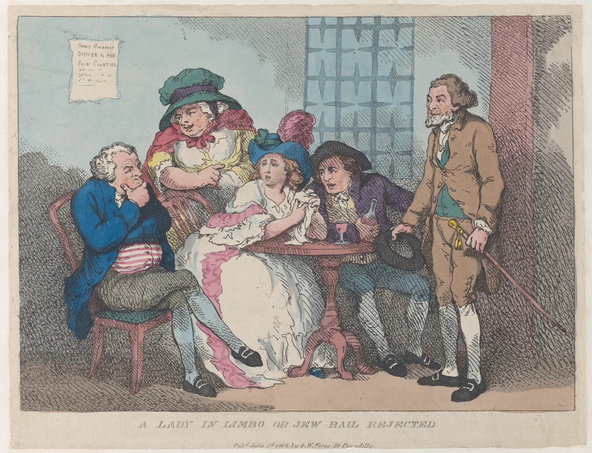 A Lady in Limbo, or Jew Bail Rejected by Thomas Rowlandson, print, 1802