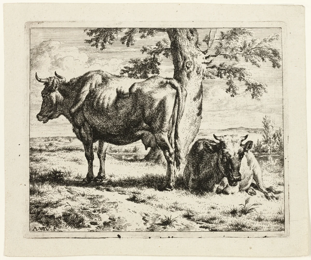 Two Cows under a Tree by Adriaen van de Velde, print, 1665-1675
