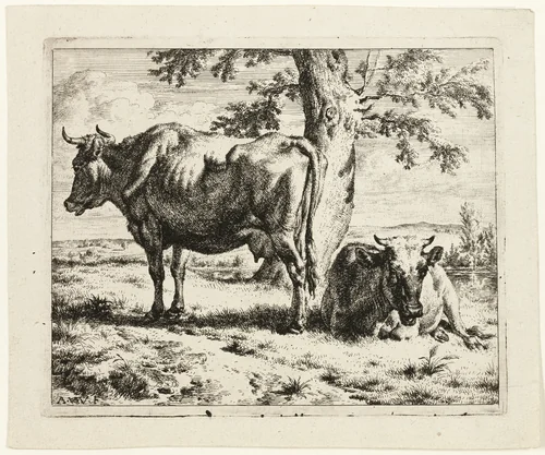 Two Cows under a Tree by Adriaen van de Velde, print, 1665-1675