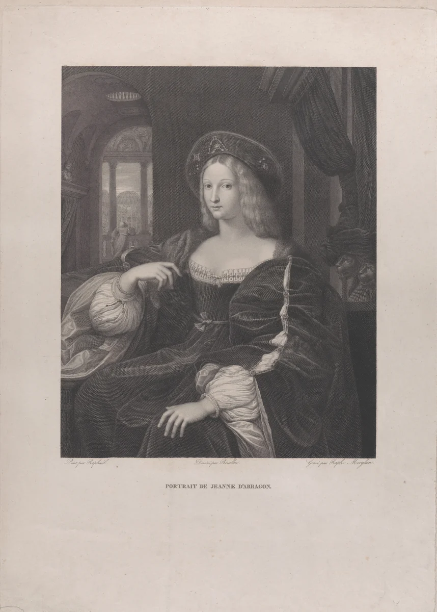 Portrait of Doña Isabel de Requesens y Enrìques de Cardona-Anglesola (formerly identified as Joanna of Aragon) by Raphael Morghen, print, 1821