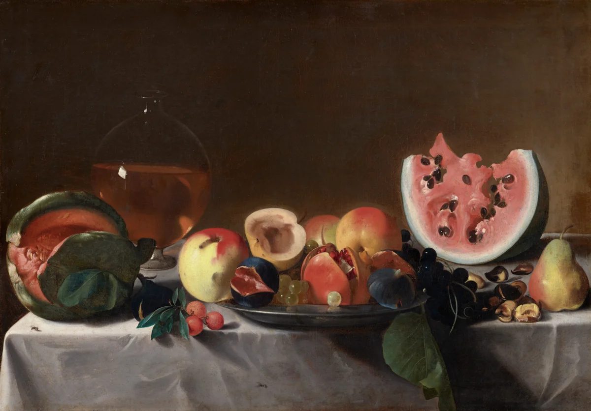 Still Life with Fruit and Carafe by Pensionante del Saraceni, painting, 1610-1620