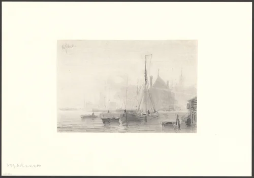 Gezicht op het IJ met schepen by Everhardus Koster, drawing, 1851