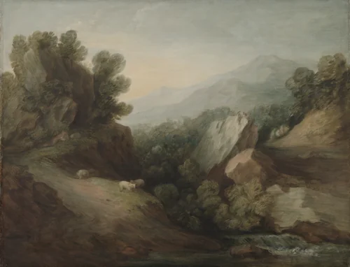 Rocky, Wooded Landscape with a Dell and Weir by Thomas Gainsborough, painting, 1777-1788