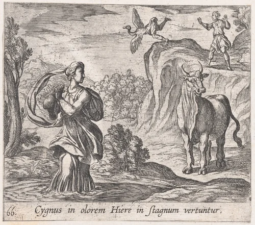 Plate 66: Cycnus and Hyrie (Cygnus in olorem Hiere in stagnum vertuntur), from Ovid's 'Metamorphoses' by Antonio Tempesta, print, 1606
