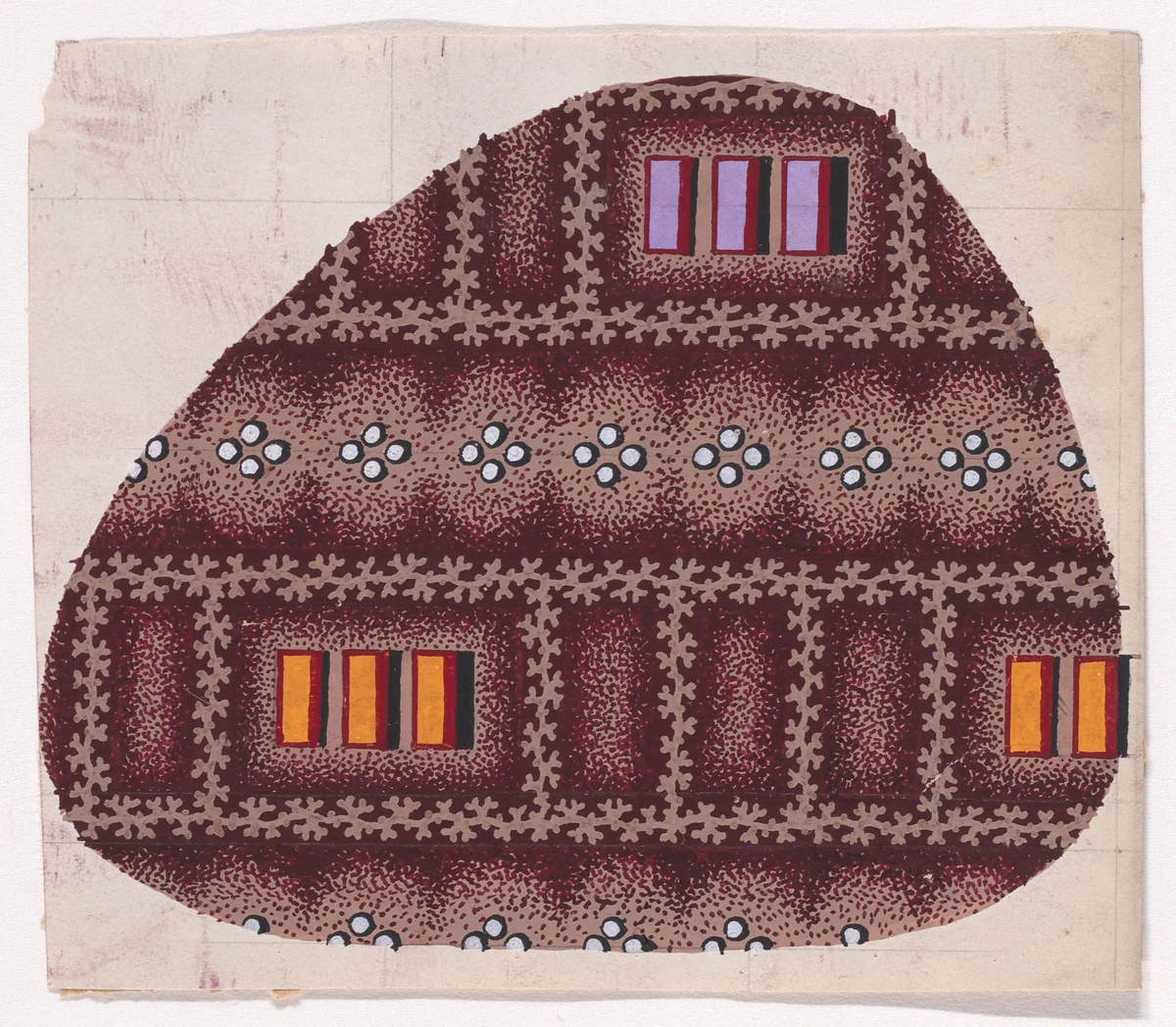 Textile Design with Vertical Rows of Groups of Three Rectangles Framed by Garlands of Branches and Separated by Rows of Groups of Four Pearls by anonymous, drawing, 1840
