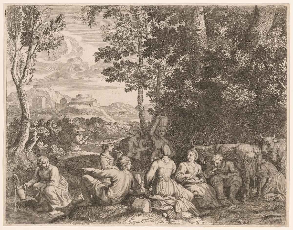 Country Meal, Plate 3 from Pastorales by Claudine Bouzonnet-Stella, print, 1667