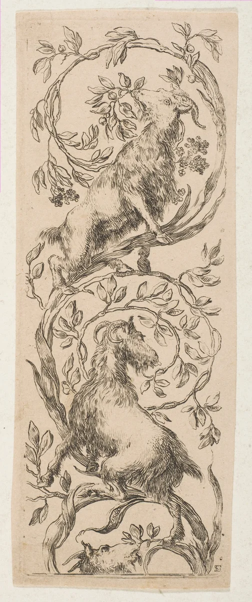 Two Goats Nibbling Branches by Stefano della Bella, print, 1653