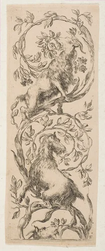 Two Goats Nibbling Branches by Stefano della Bella, print, 1653