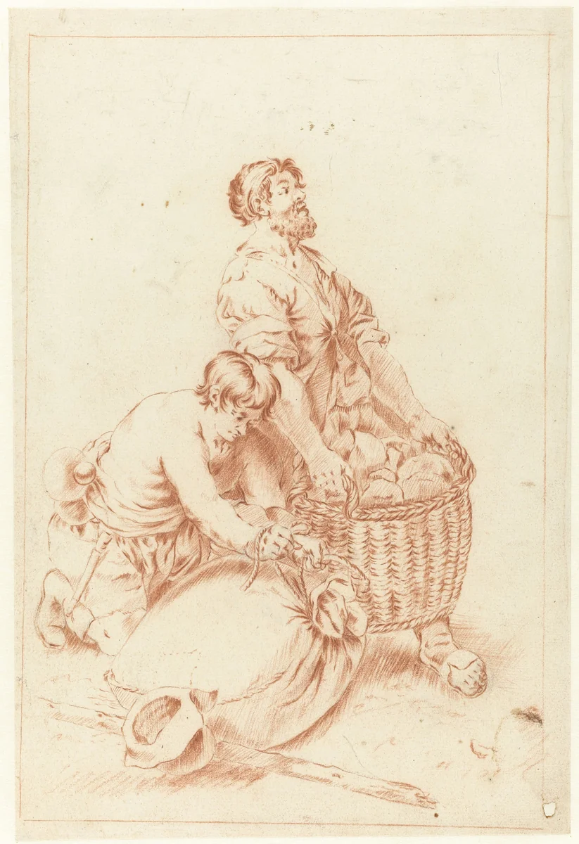 Twee mannen met een mand en een zak by Jan Hoogsaat, drawing, 1664-1730