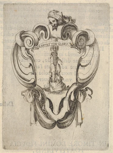 A cartouche with a violin coming out of its case, a skull with a helmet with feathers at top, from "Eight Emblems for the Funeral of Francesco de Medici" (Huit emblèmes pour les funérailles du prince François de Médicis) by Stefano della Bella, print, 1640-1660